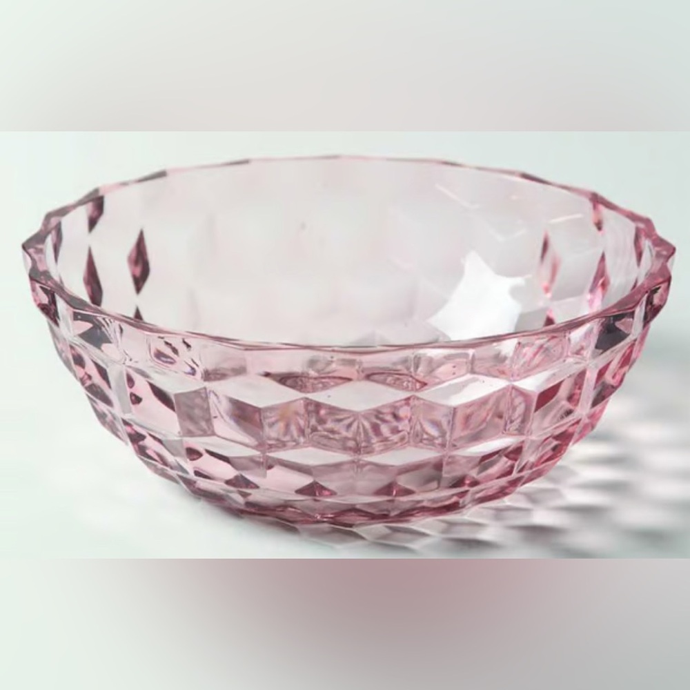 Pink Depression Glass Bowl Jeanette Cube Pattern Diamond Cut 6” Salad Candy Deco